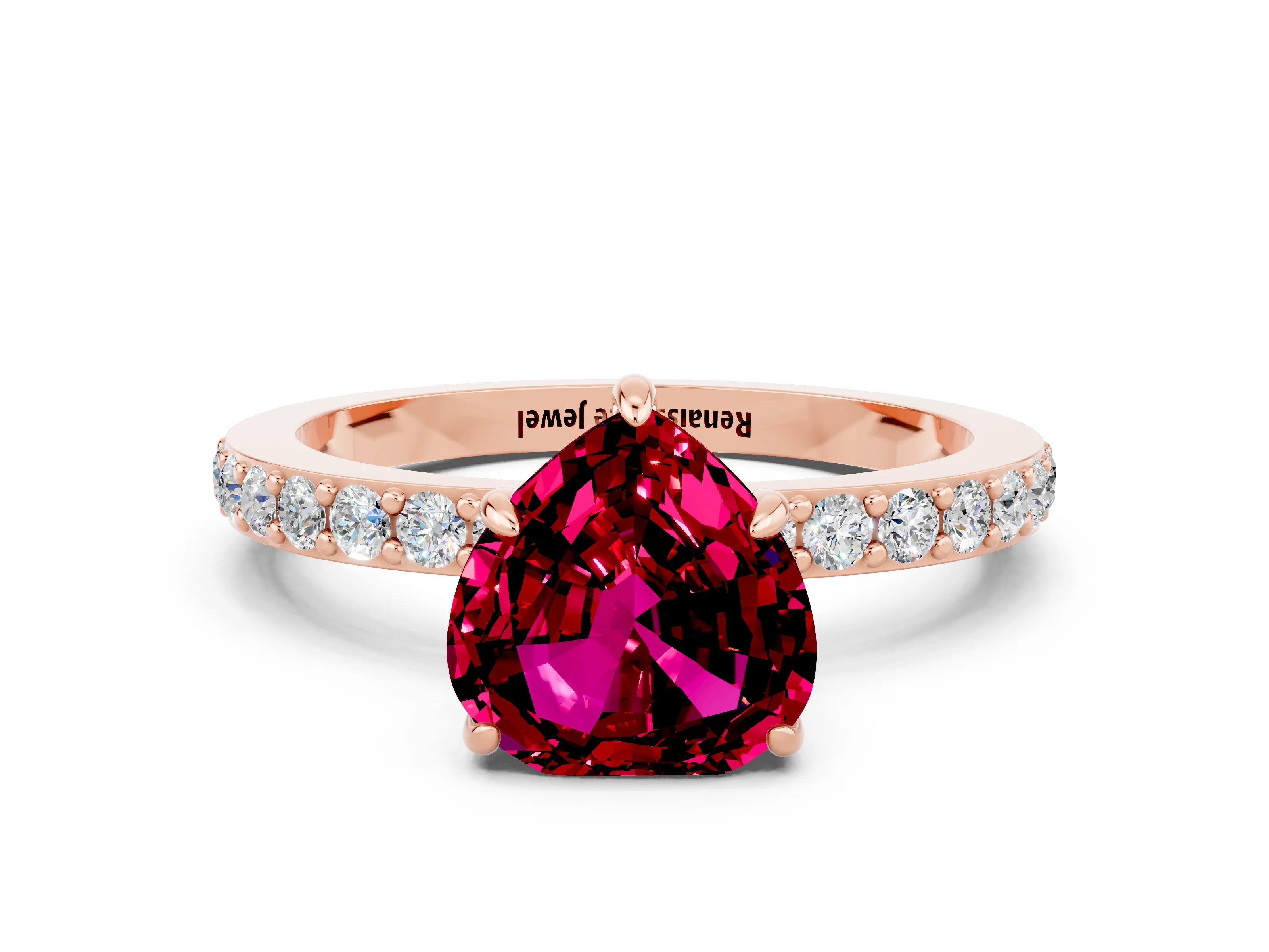 Rose gold Heart Cut Garnet Ring with Pavé Band and Four-Prong Setting