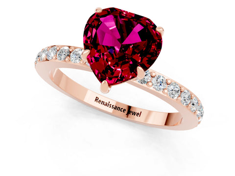 Rose gold Heart Cut Garnet Ring with Pavé Band and Four-Prong Setting_1
