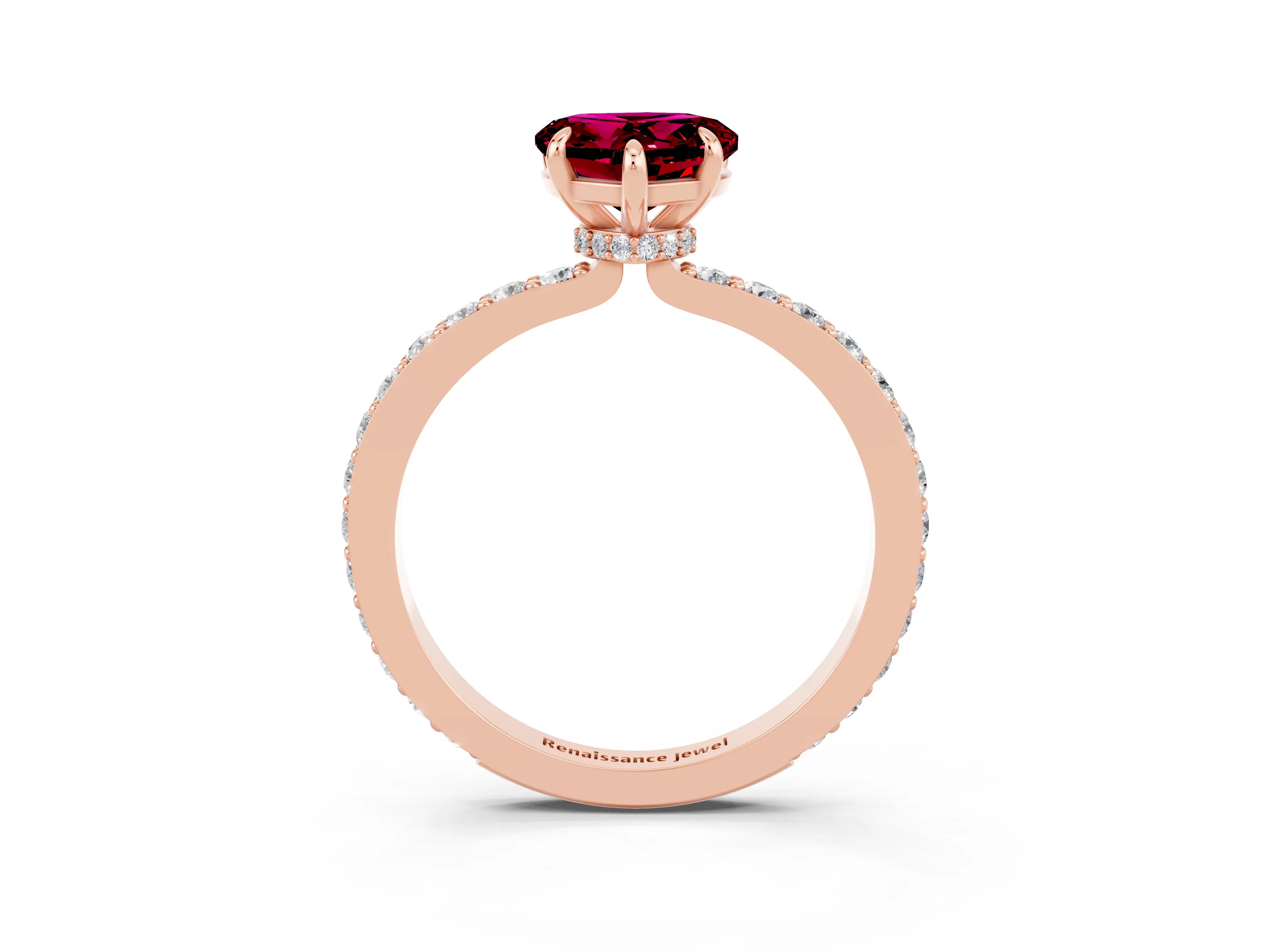 Rose gold Heart Cut Garnet Ring with Pavé Band and Four-Prong Setting_3