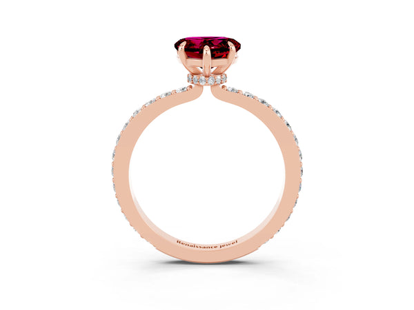 Rose gold Heart Cut Garnet Pavé Engagement Ring with Round  Accents and Prong Setting