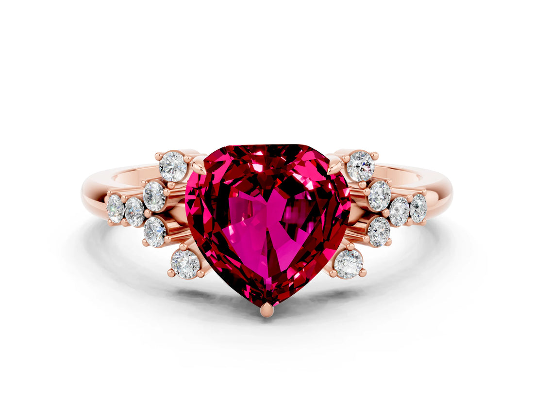 Rose gold Heart Cut Garnet Ring with Side Stones and Four-Prong Setting_36