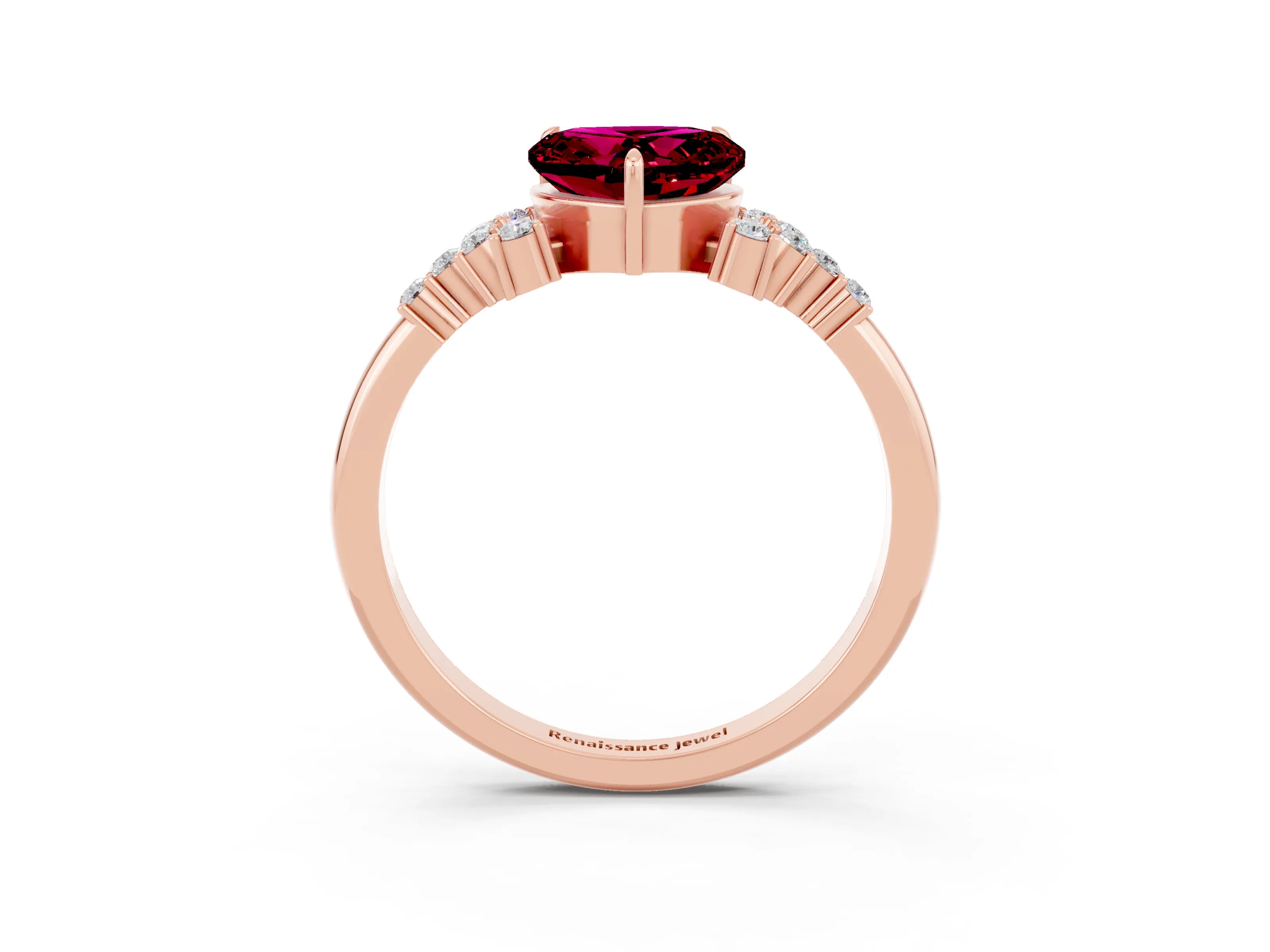 Rose gold Heart Cut Garnet Ring with Side Stones and Four-Prong Setting_39