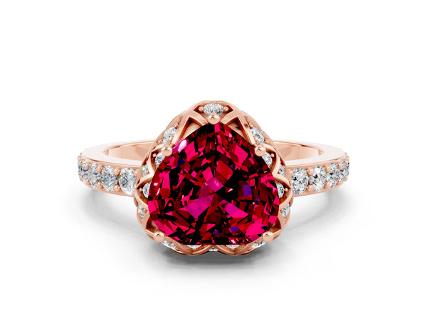 Rose gold Heart Cut Garnet Scalloped Halo Engagement Ring with Round Shared Prong Band
