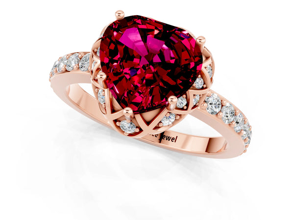 Rose gold Heart Cut Garnet Scalloped Halo Engagement Ring with Round Shared Prong Band