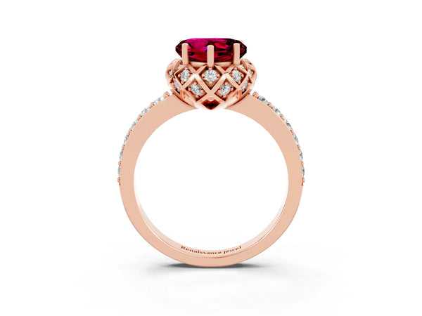 Rose gold Heart Cut Garnet Scalloped Halo Engagement Ring with Round Shared Prong Band