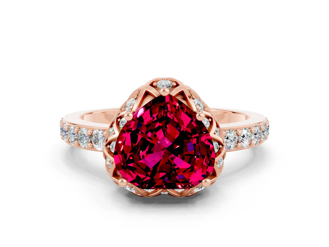 Rose gold Heart Cut Garnet Scalloped Halo Engagement Ring with Round Shared Prong Band_24