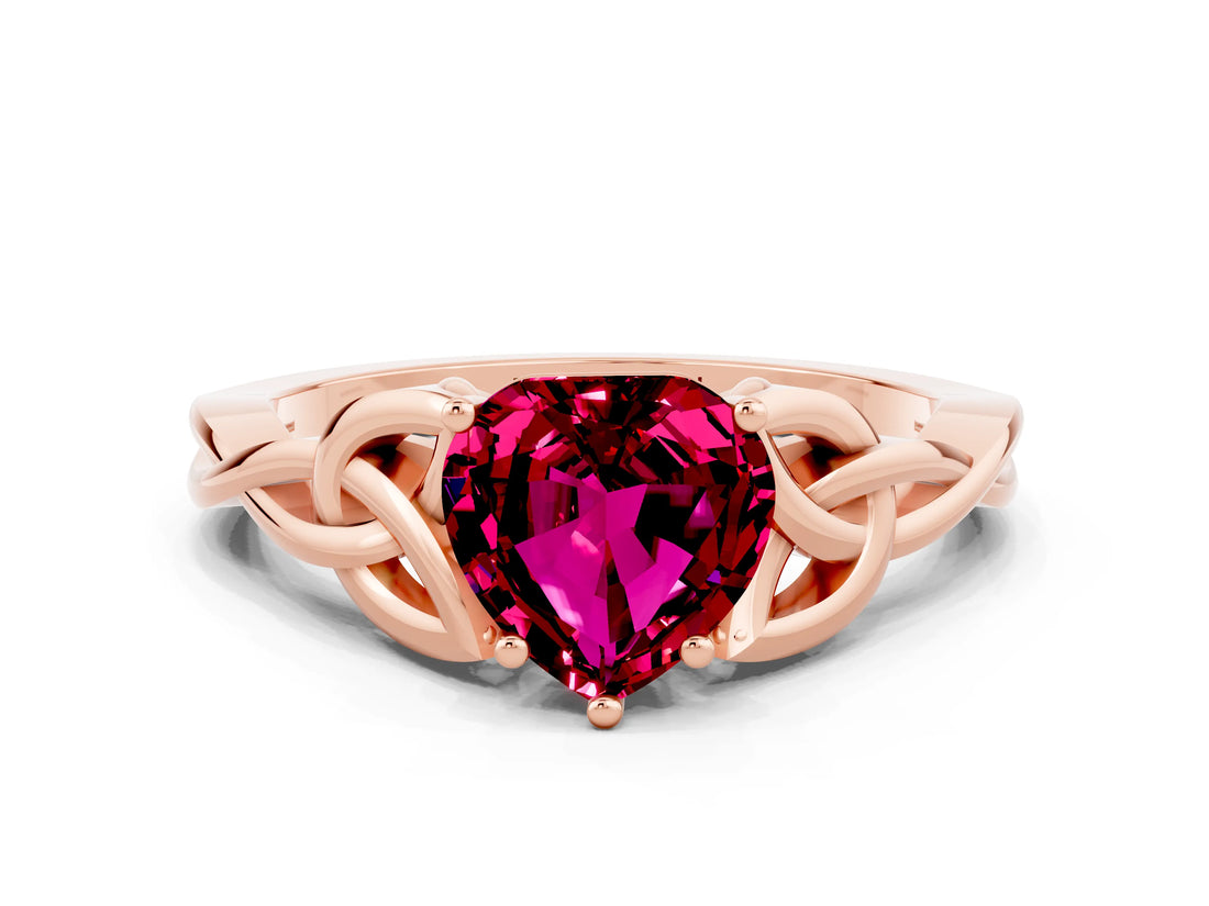 Rose gold Heart Cut Garnet Solitaire Celtic Knot Ring with Four-Prong Setting_12