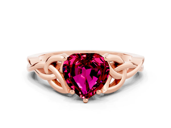 Rose gold Heart Cut Garnet Solitaire Celtic Knot Ring with Four-Prong Setting