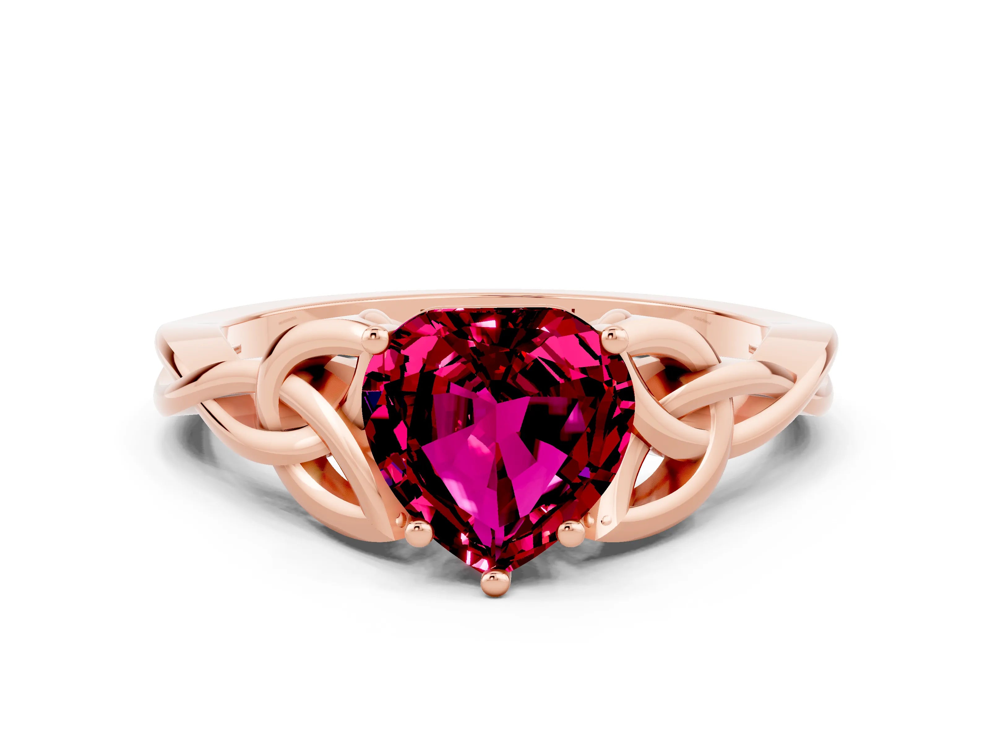 Rose gold Heart Cut Garnet Solitaire Engagement Ring with Celtic Knot Band and Four-Prong Setting