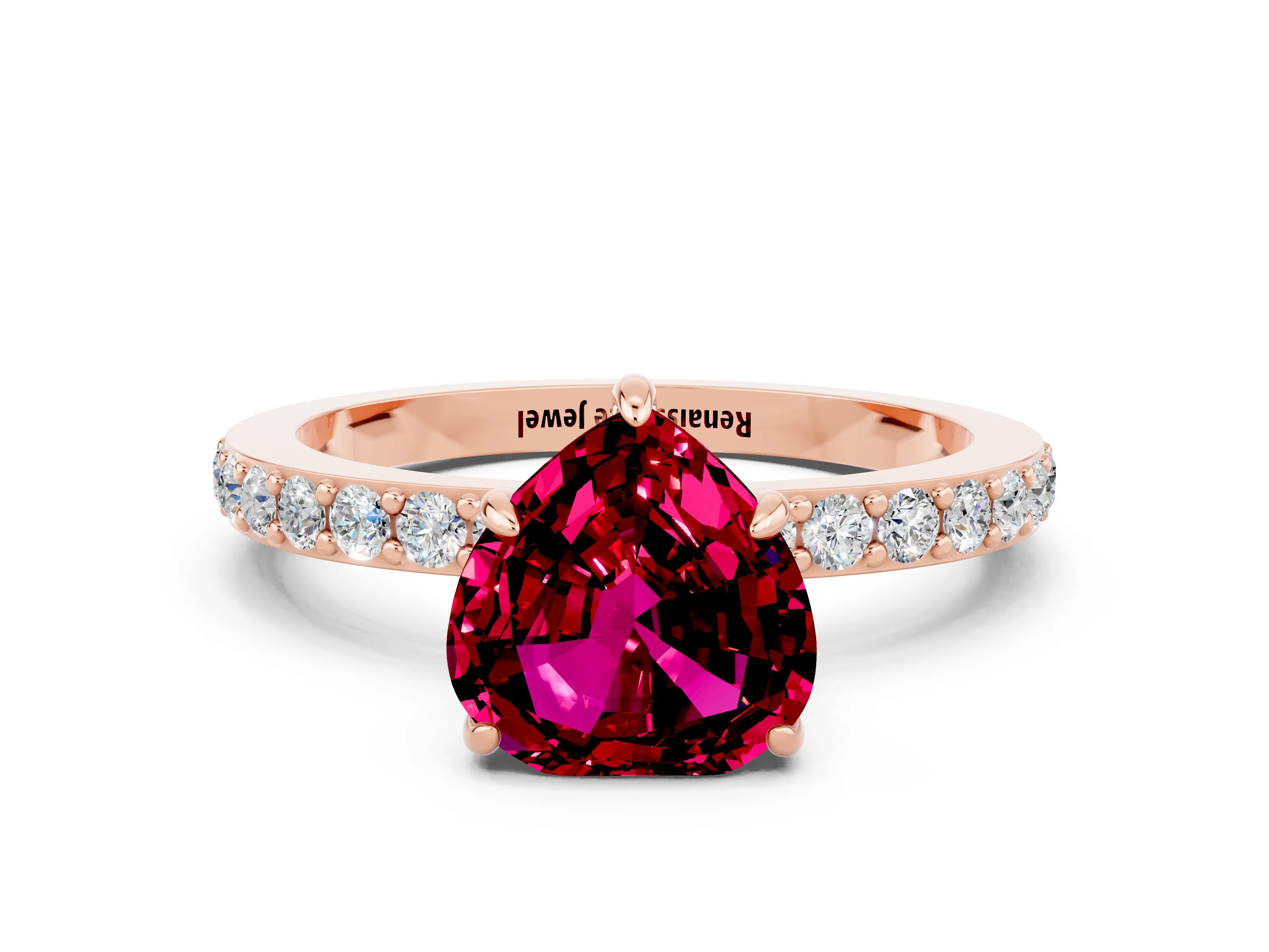 Rose gold Heart Cut Garnet Solitaire Engagement Ring with Pavé Band and Four-Prong Setting