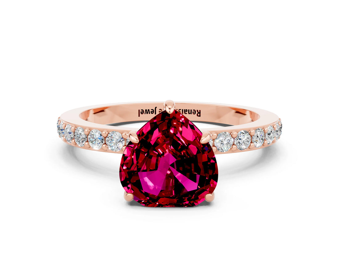 Rose gold Heart Cut Garnet Solitaire Engagement Ring with Pavé Band and Four-Prong Setting