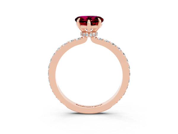 Rose gold Heart Cut Garnet Solitaire Engagement Ring with Pavé Band and Four-Prong Setting