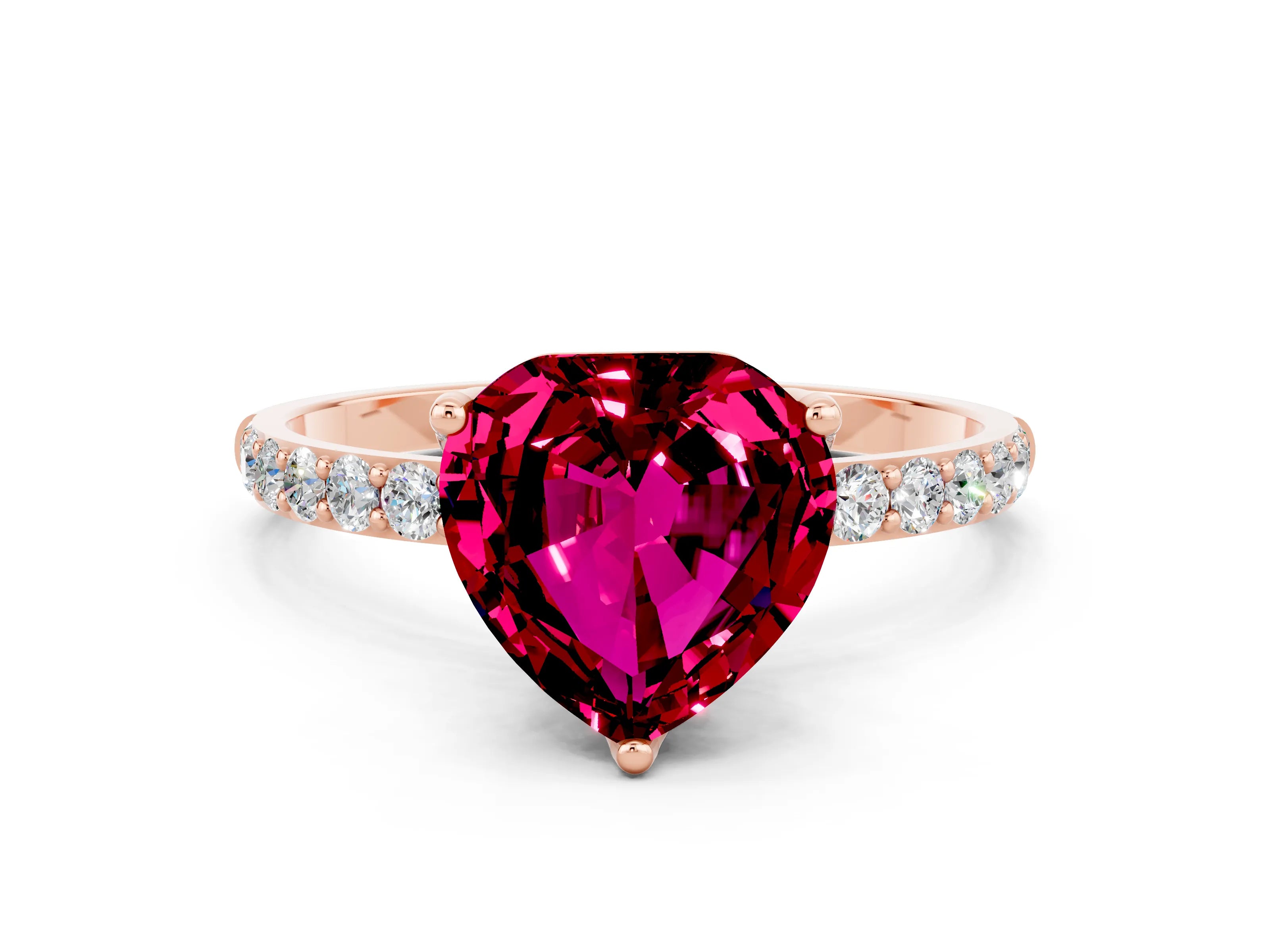 Rose gold Heart Cut Garnet Solitaire Engagement Ring with Pavé Band and Prong Setting