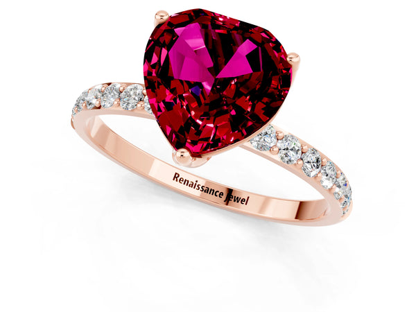 Rose gold Heart Cut Garnet Solitaire Engagement Ring with Round  Pavé Band and Prong Setting