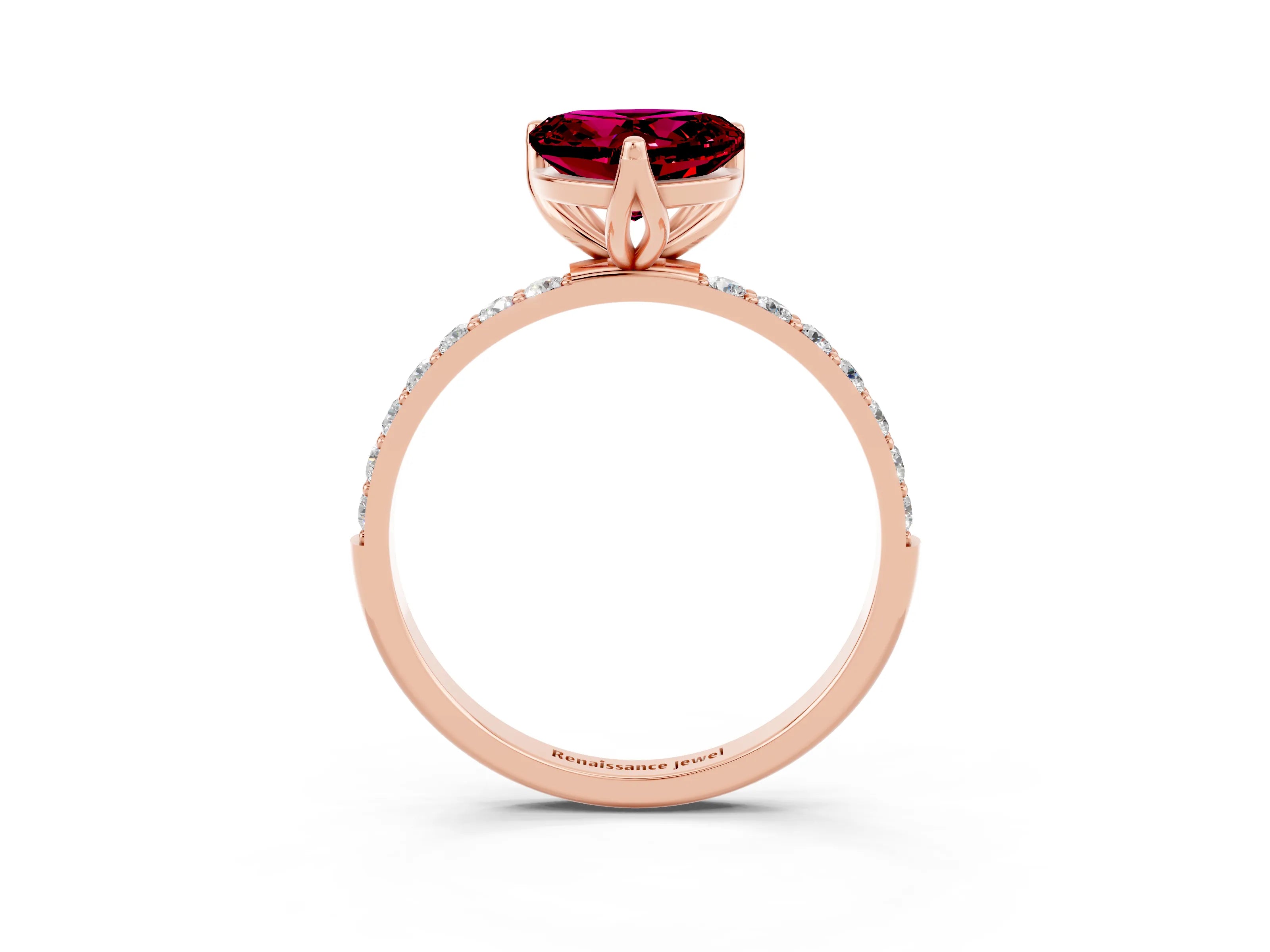 Rose gold Heart Cut Garnet Solitaire Engagement Ring with Pavé Band and Prong Setting_3