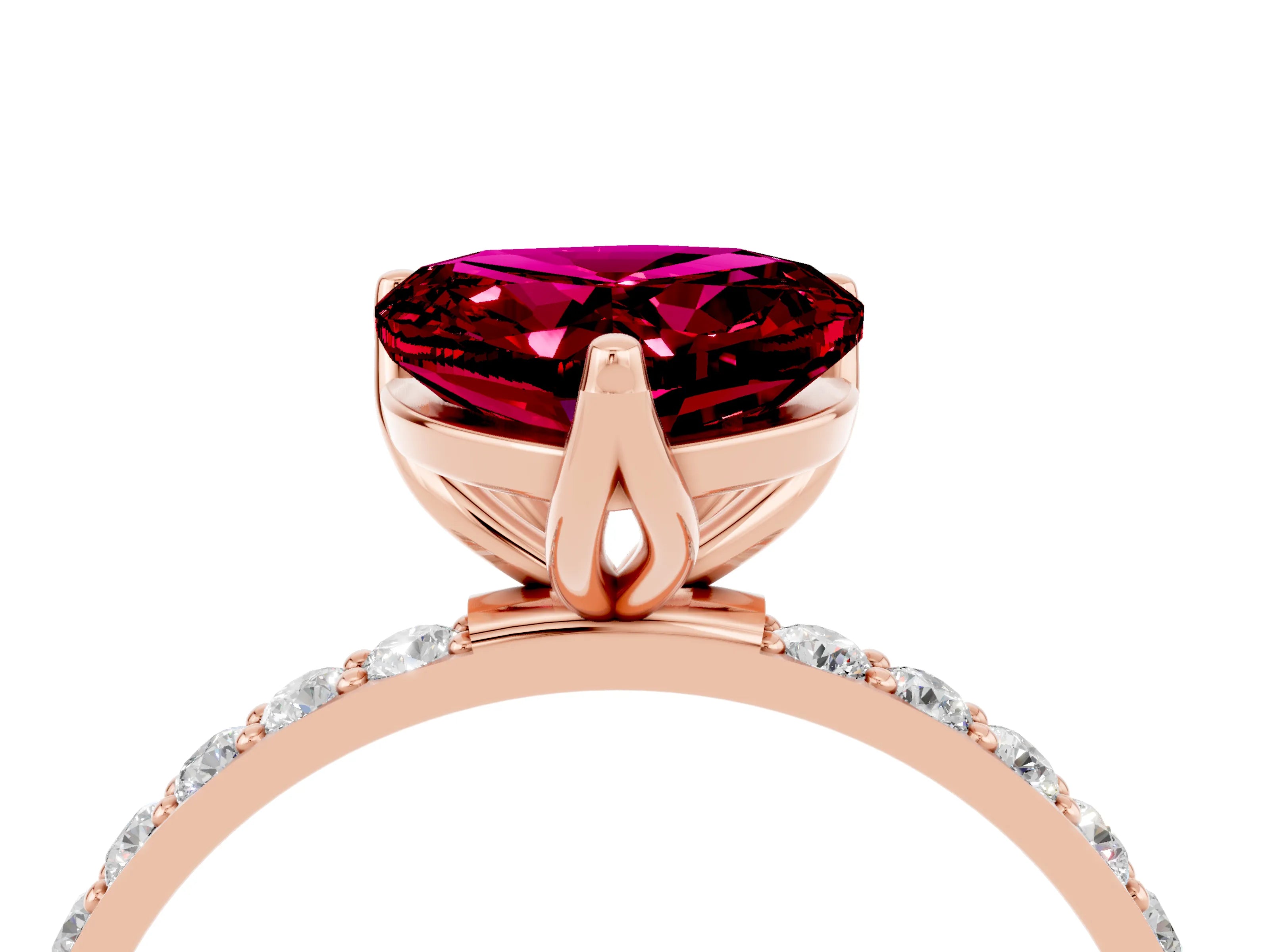Rose gold Heart Cut Garnet Solitaire Engagement Ring with Pavé Band and Prong Setting_4