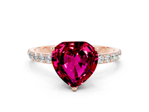 Rose gold Heart Cut Garnet Solitaire Engagement Ring with Pavé Band and Prong Setting