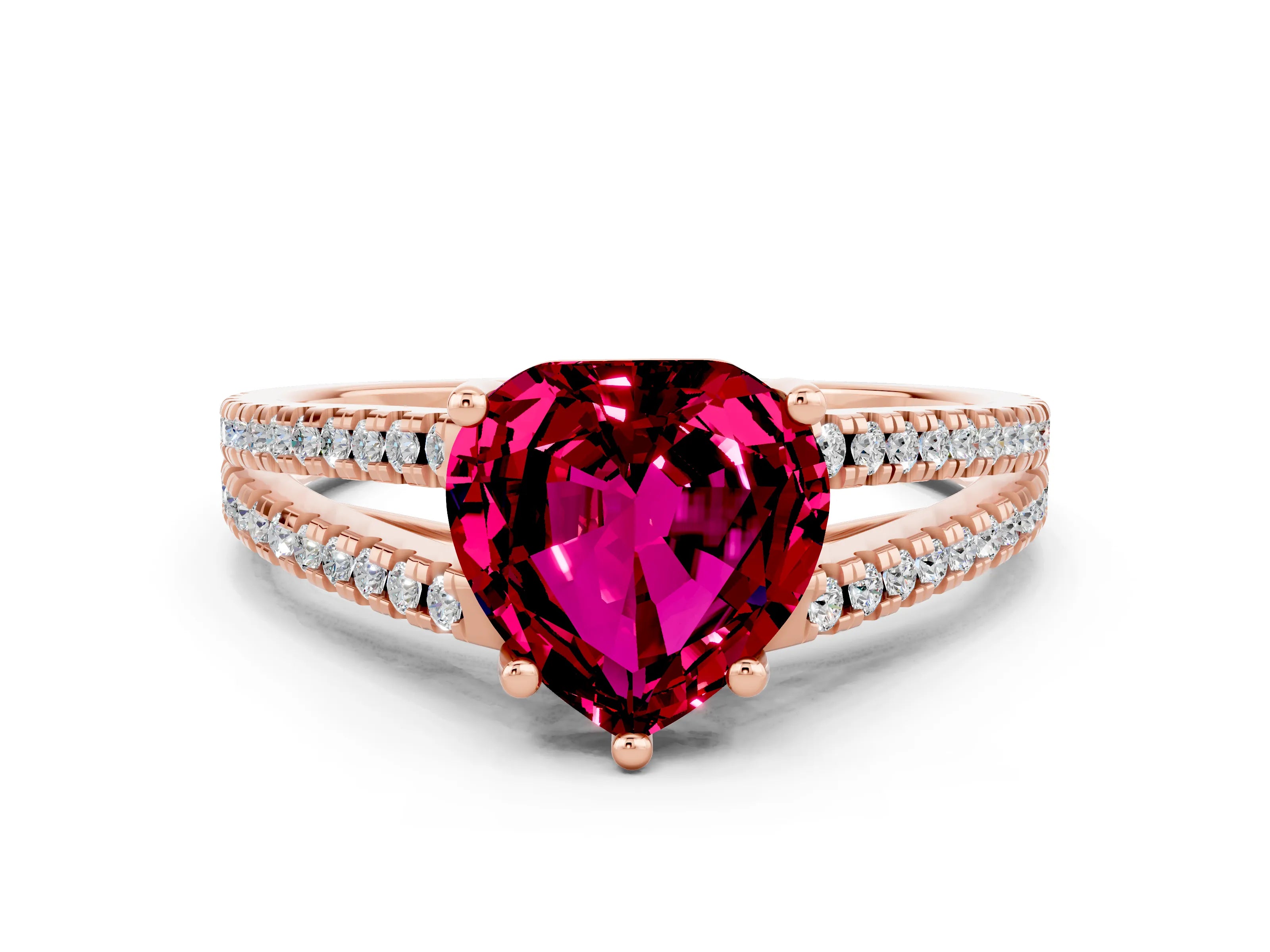 Rose gold Heart Cut Garnet Solitaire Engagement Ring with Split Shank Pavé Band