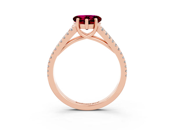 Rose gold Heart Cut Garnet Solitaire Engagement Ring with Split Shank Pavé Band