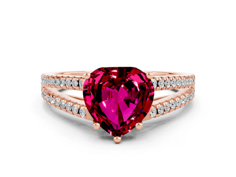 Rose gold Heart Cut Garnet Solitaire Engagement Ring with Split Shank Pavé Band