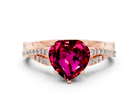 Rose gold Heart Cut Garnet Solitaire Engagement Ring with Twisted Pavé Band and Four-Prong Setting_12
