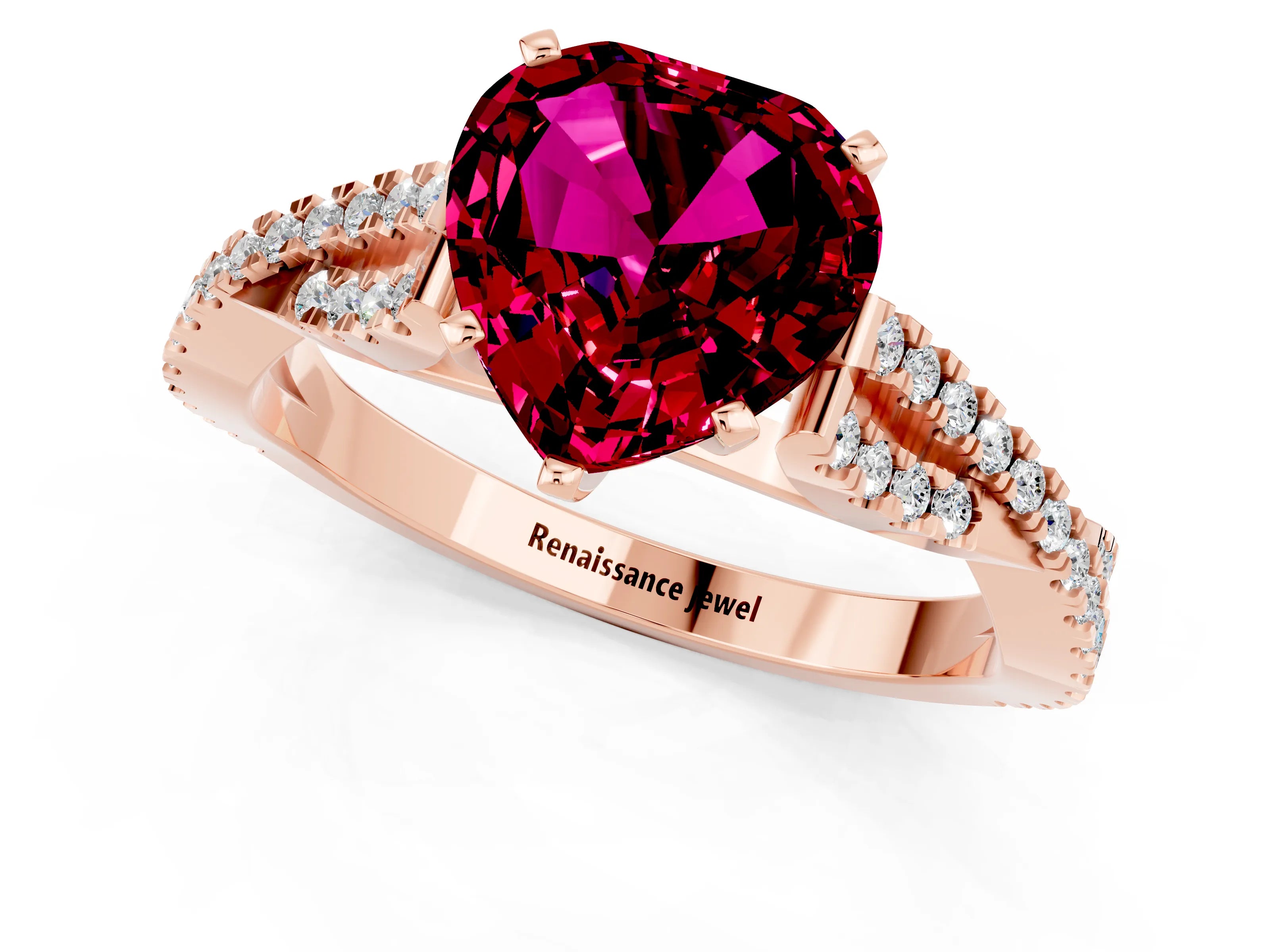 Rose gold Heart Cut Garnet Solitaire Engagement Ring with Twisted Pavé Band and Four-Prong Setting_13