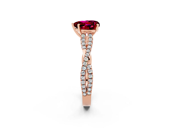 Rose gold Heart Cut Garnet Solitaire Engagement Ring with Twisted Pavé Band and Four-Prong Setting