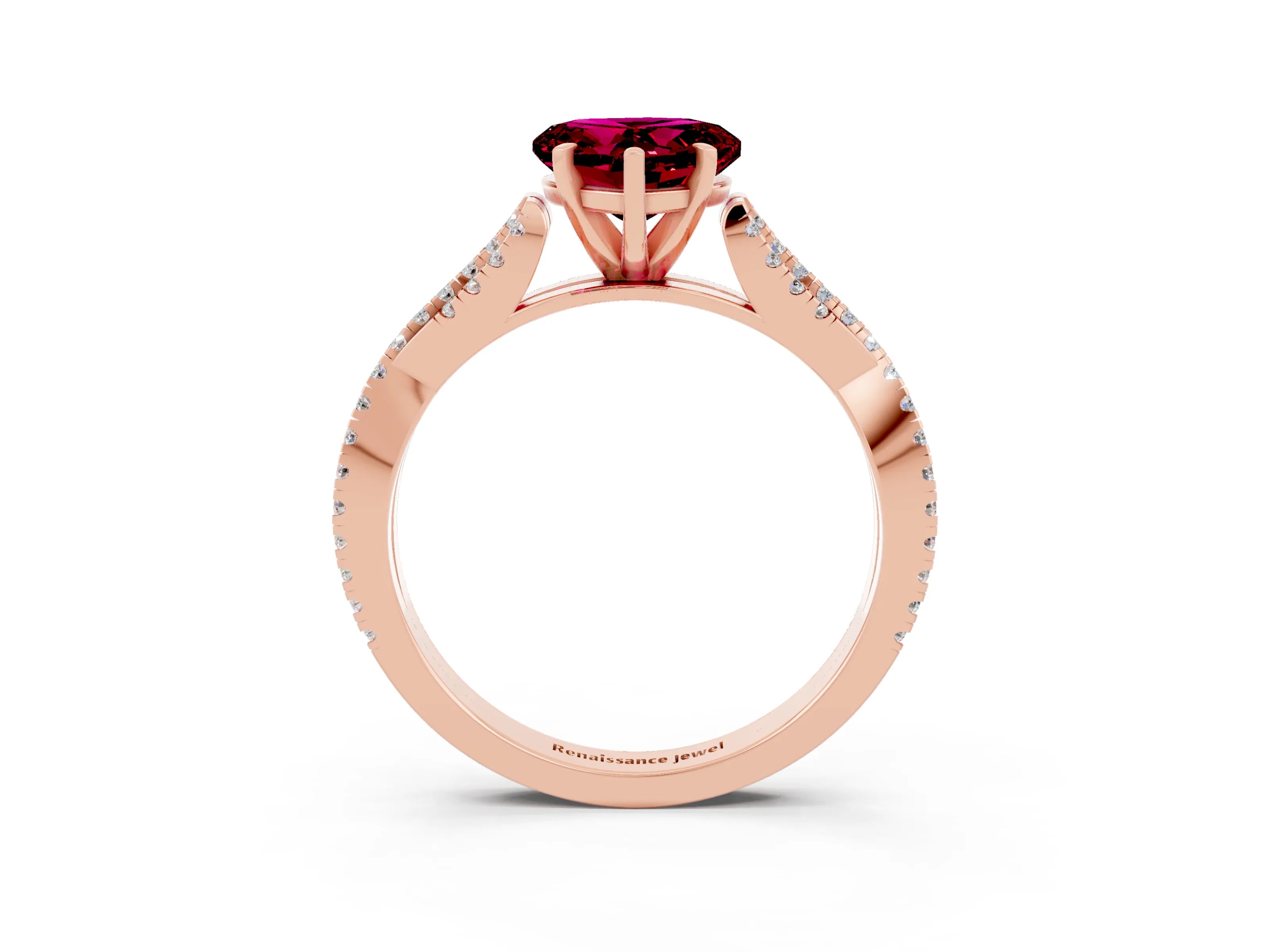 Rose gold Heart Cut Garnet Solitaire Engagement Ring with Twisted Pavé Band and Four-Prong Setting_15