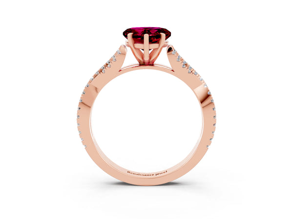 Rose gold Heart Cut Garnet Solitaire Engagement Ring with Twisted Pavé Band and Four-Prong Setting