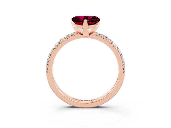 Rose gold Heart Cut Garnet Solitaire Pavé Engagement Ring with Round Band and Prong Setting
