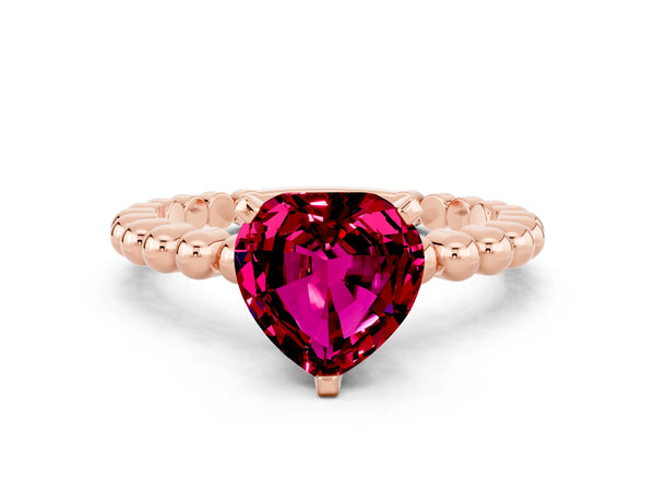 Rose gold Heart Cut Garnet Solitaire Ring with Beaded Band and Prong Setting