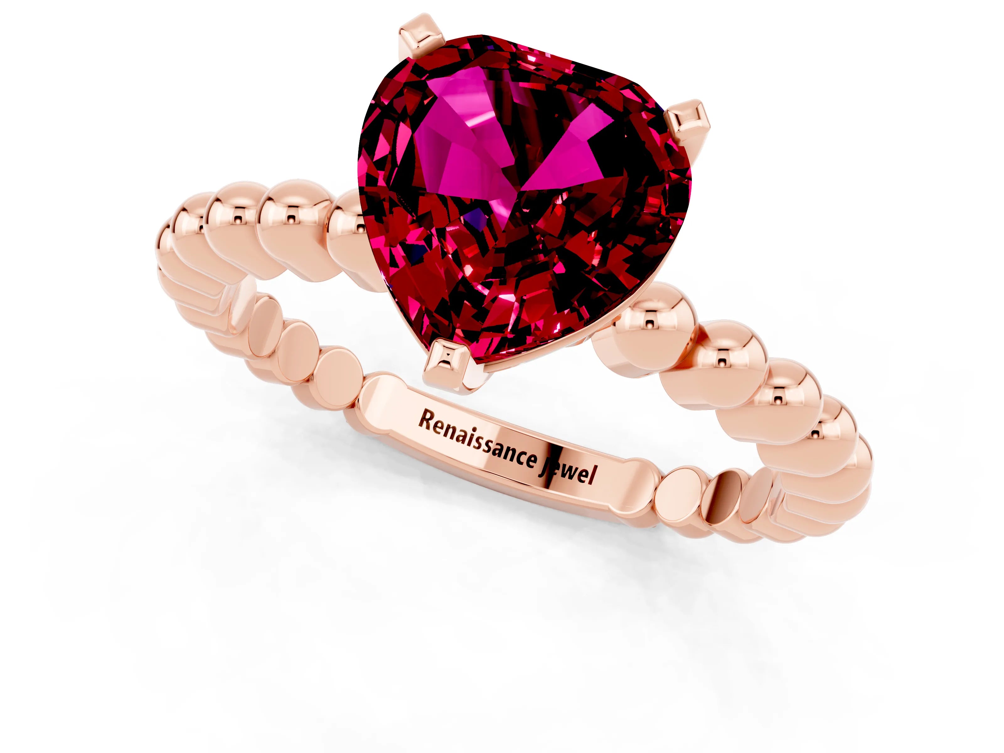Rose gold Heart Cut Garnet Solitaire Ring with Beaded Band and Prong Setting_1