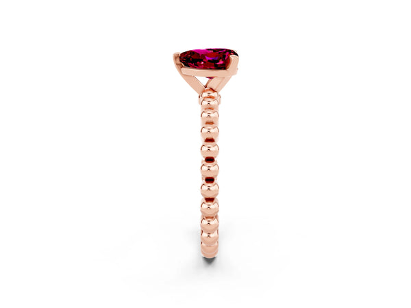 Rose gold Heart Cut Garnet Solitaire Ring with Beaded Band and Prong Setting