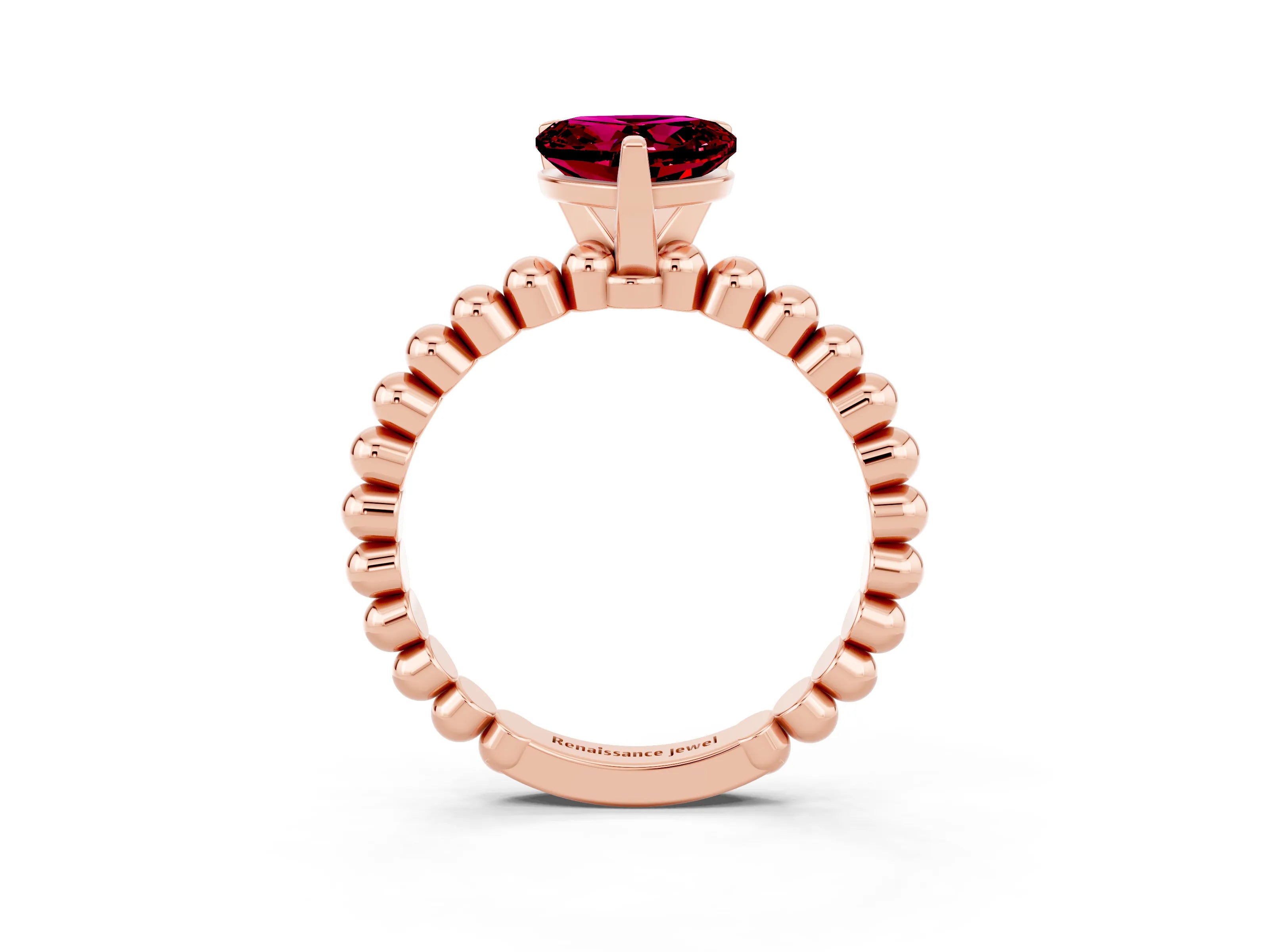 Rose gold Heart Cut Garnet Solitaire Ring with Beaded Band and Prong Setting_3