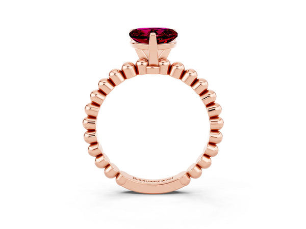 Rose gold Heart Cut Garnet Solitaire Ring with Beaded Band and Prong Setting