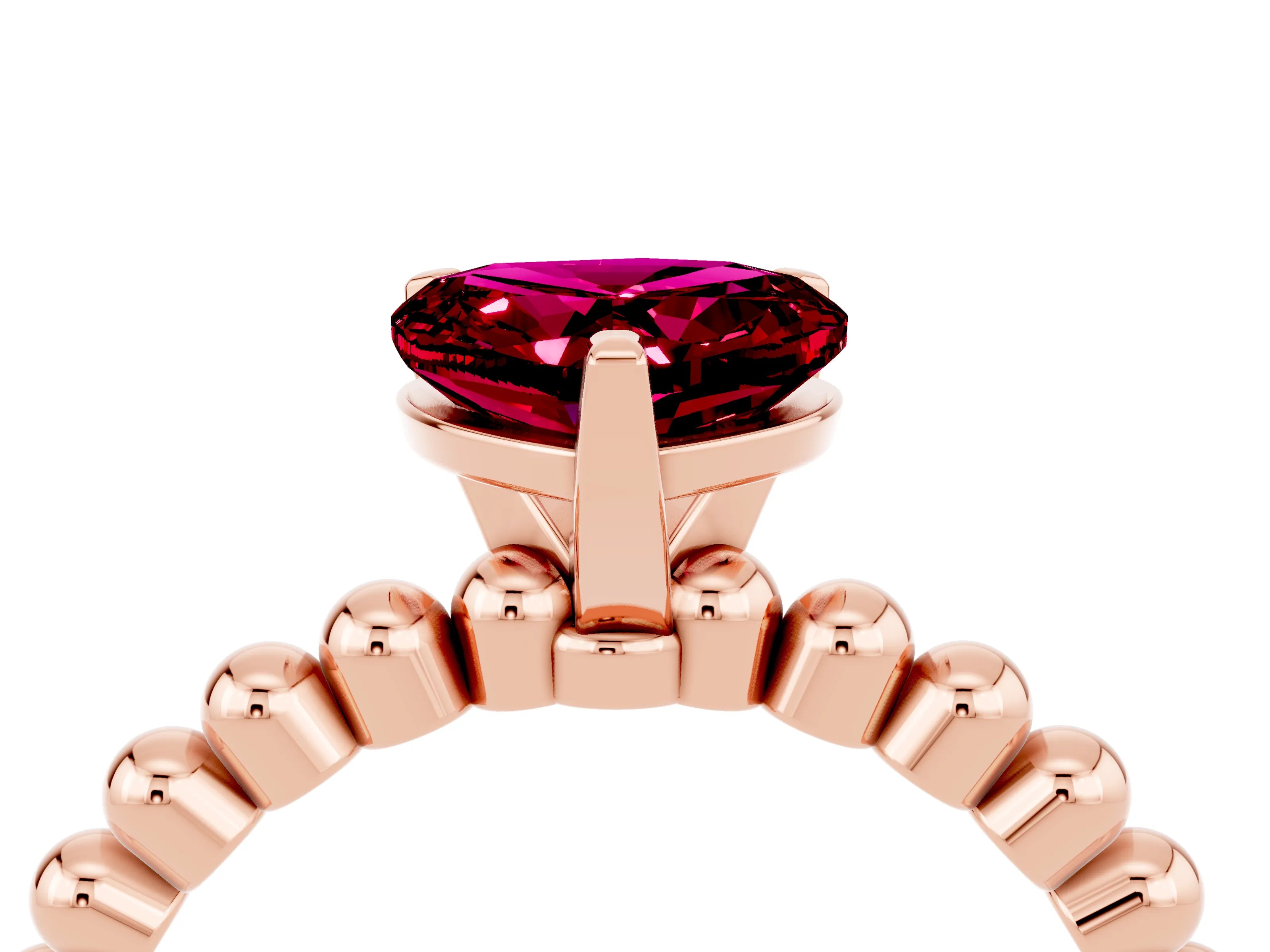 Rose gold Heart Cut Garnet Solitaire Ring with Beaded Band and Prong Setting_4