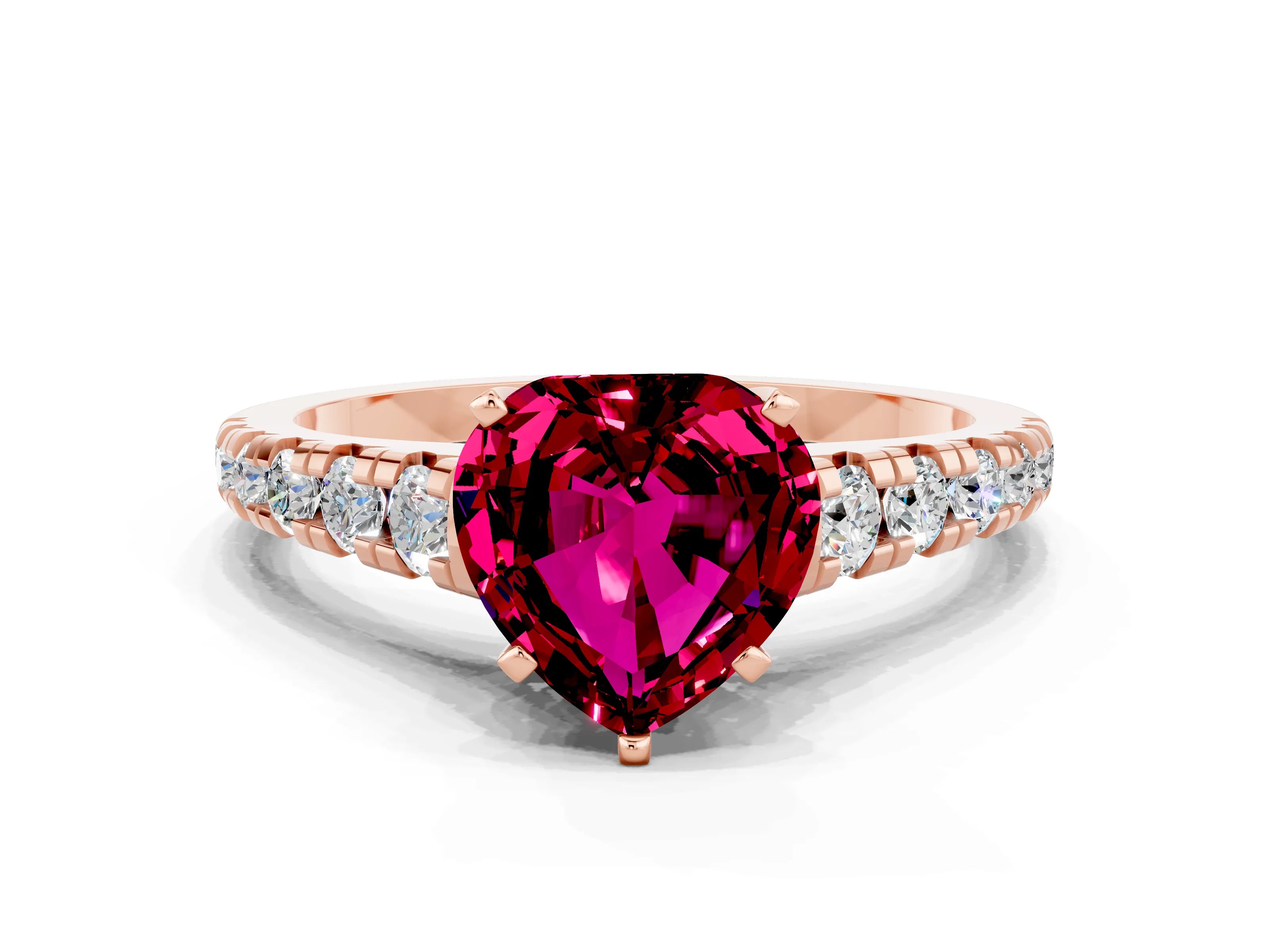 Rose gold Heart Cut Garnet Solitaire Ring with Cathedral Setting and Pavé Band_12