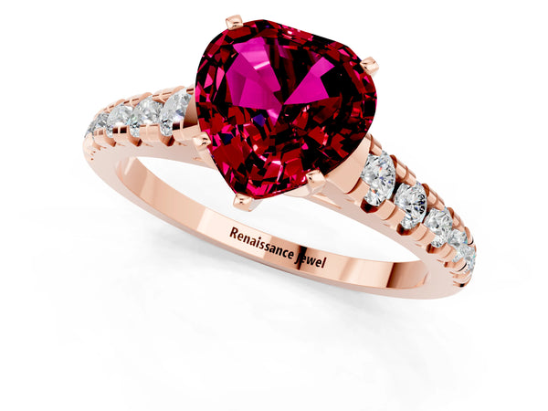 Rose gold Heart Cut Garnet Cathedral Solitaire Ring with Round  Pavé Band