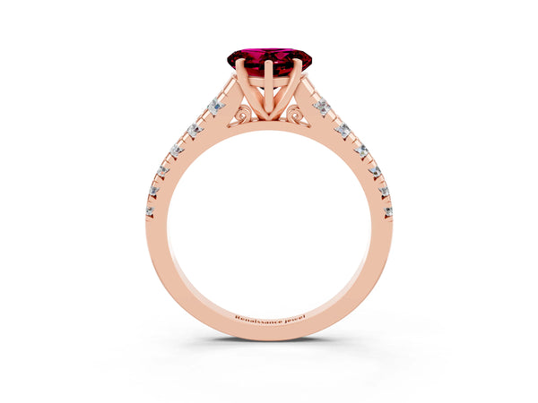 Rose gold Heart Cut Garnet Cathedral Solitaire Ring with Round  Pavé Band