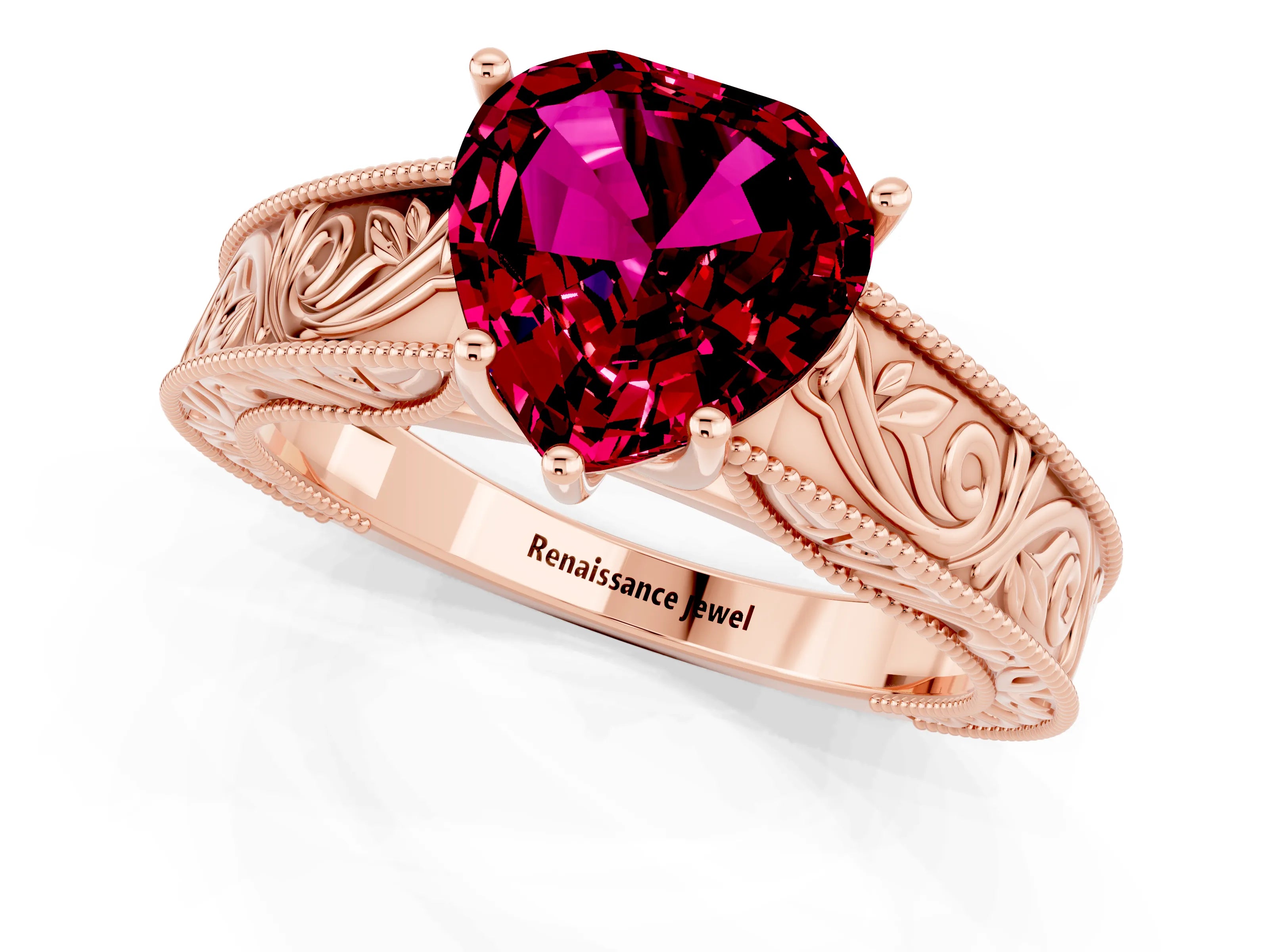 Rose gold Heart Cut Garnet Solitaire Ring with Engraved Band and Four-Prong Setting_1