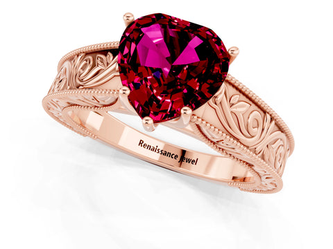 Rose gold Heart Cut Garnet Solitaire Ring with Engraved Band and Four-Prong Setting_1