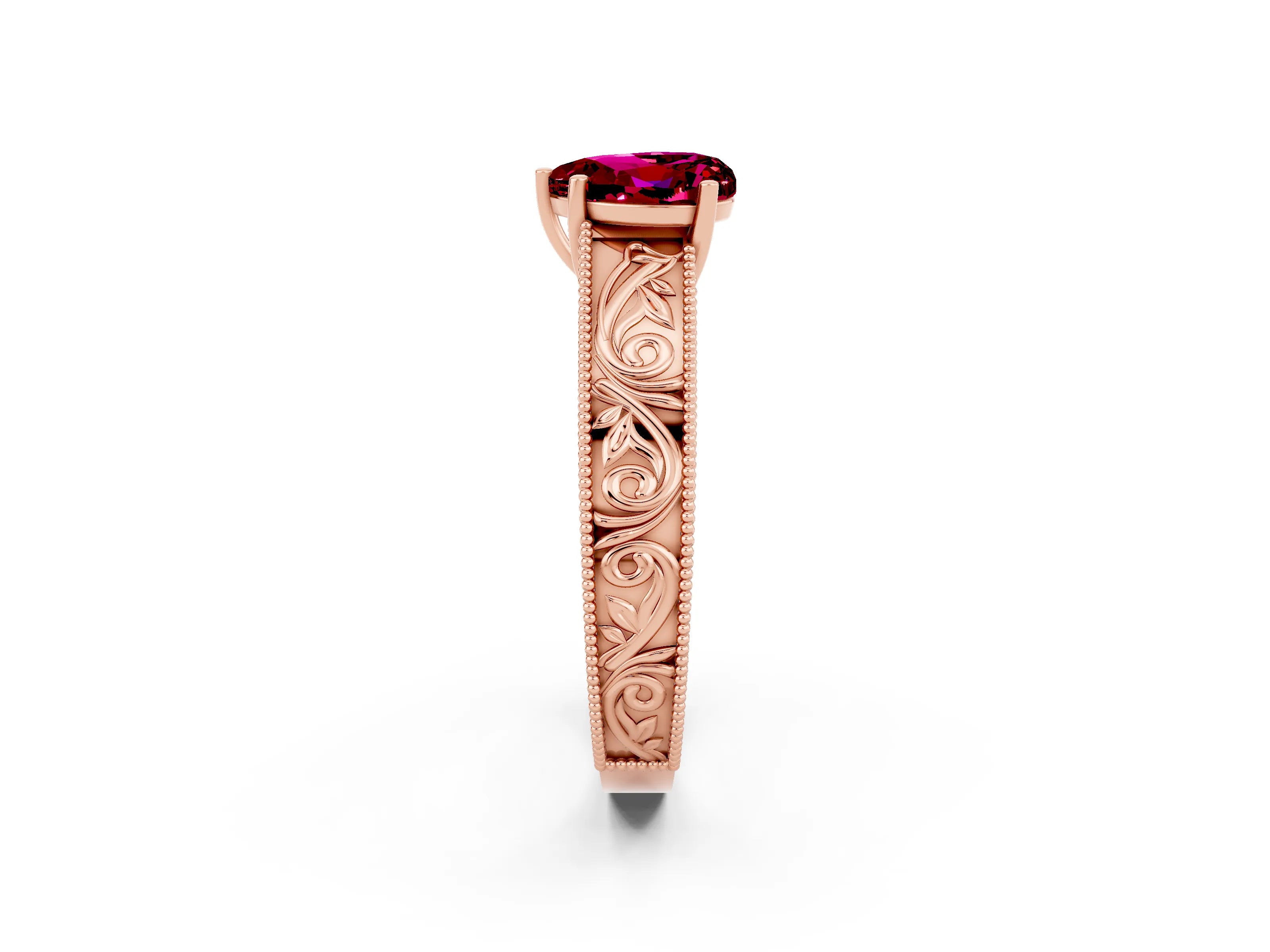 Rose gold Heart Cut Garnet Solitaire Ring with Engraved Band and Four-Prong Setting_2