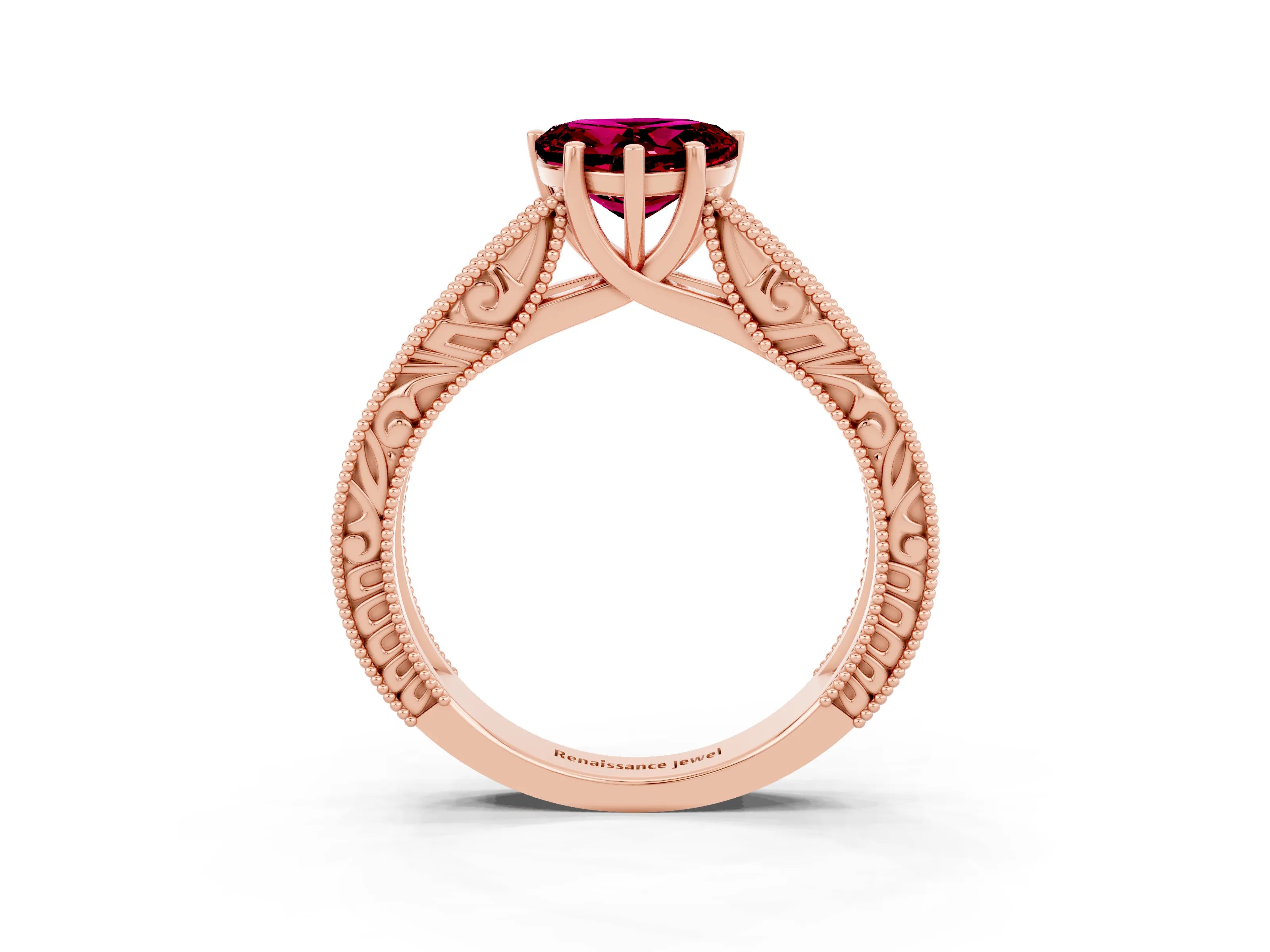 Rose gold Heart Cut Garnet Solitaire Ring with Engraved Band and Four-Prong Setting_3