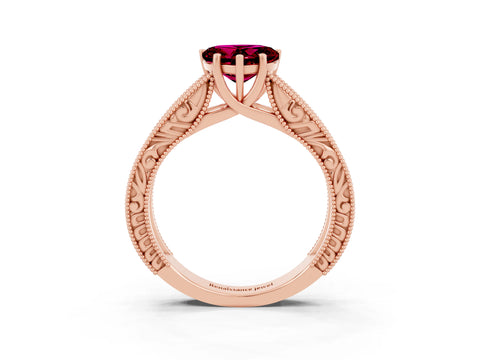 Rose gold Heart Cut Garnet Solitaire Ring with Engraved Band and Four-Prong Setting_3
