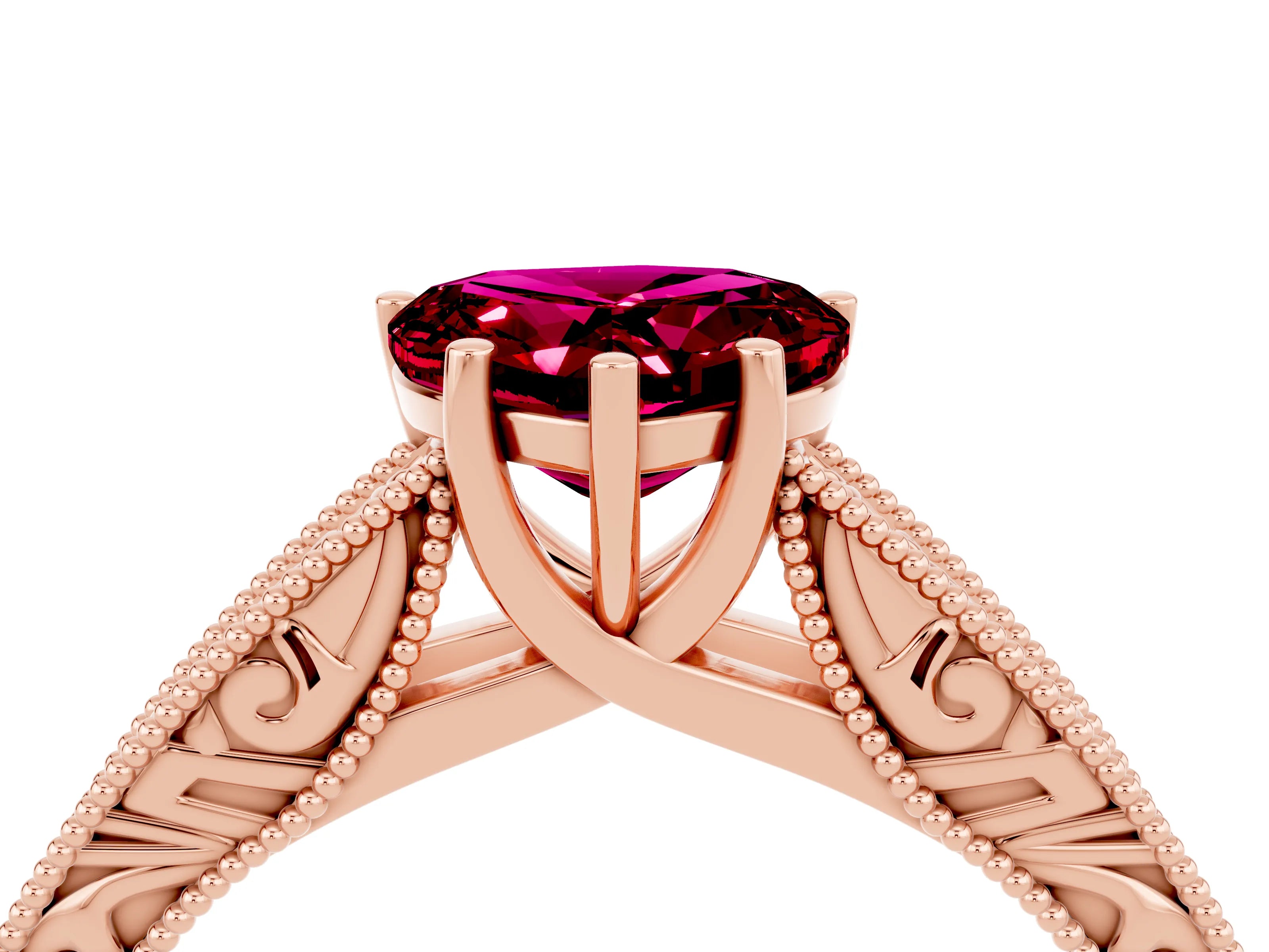 Rose gold Heart Cut Garnet Solitaire Ring with Engraved Band and Four-Prong Setting_4