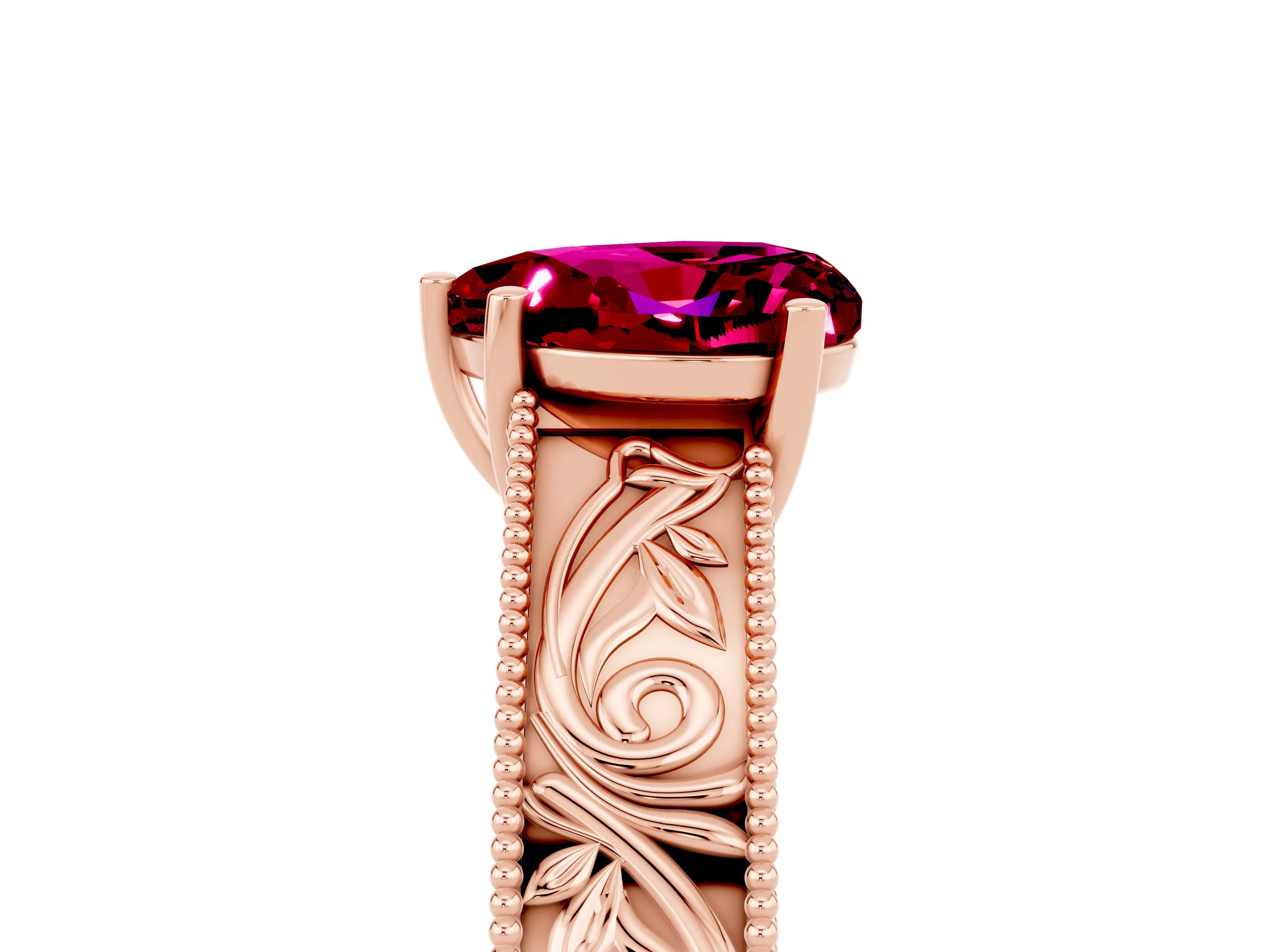 Rose gold Heart Cut Garnet Solitaire Ring with Engraved Band and Four-Prong Setting_5