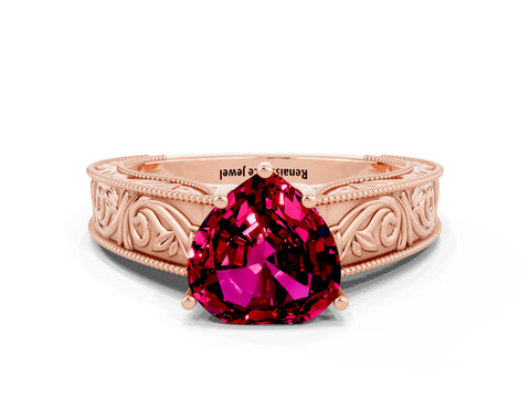 Rose gold Heart Cut Garnet Solitaire Ring with Engraved Band and Four-Prong Setting