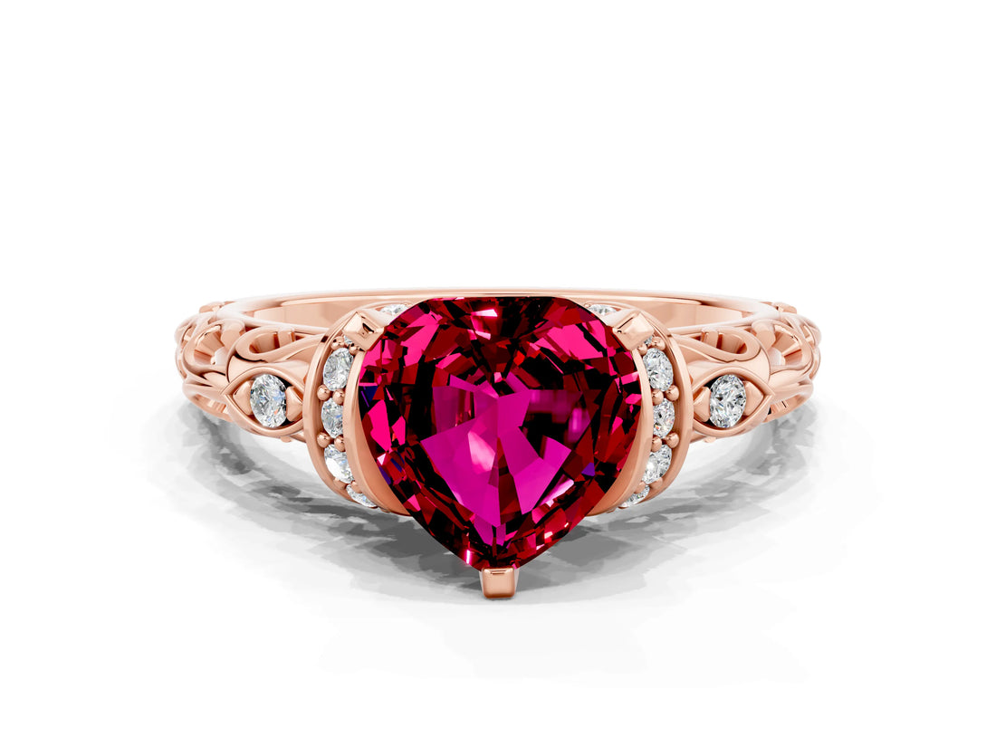 Rose gold Heart Cut Garnet Solitaire Ring with Filigree Band and Four-Prong Setting_24