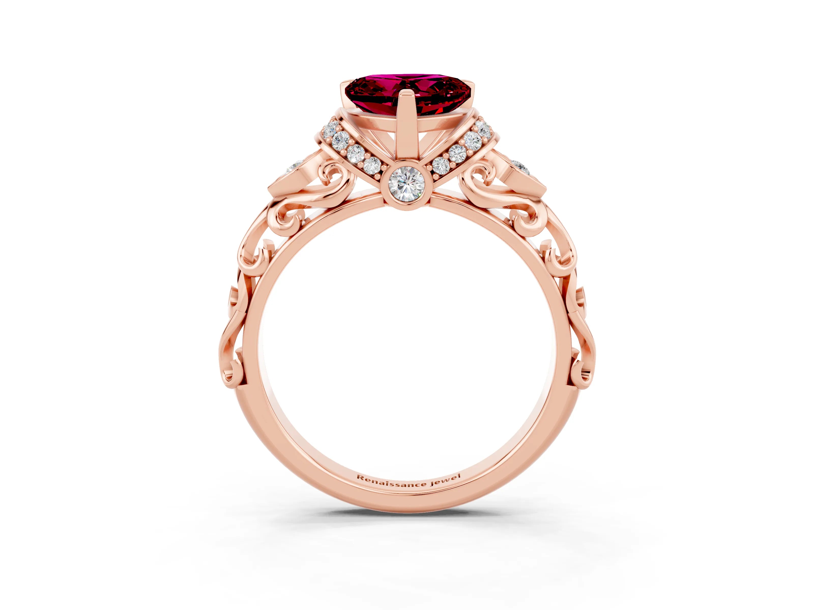 Rose gold Heart Cut Garnet Solitaire Ring with Filigree Band and Four-Prong Setting_27