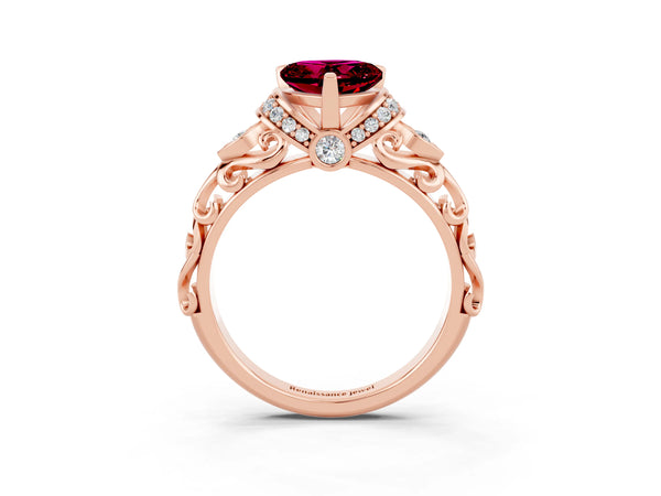 Rose gold Heart Cut Garnet Solitaire Ring with Filigree Band and Four-Prong Setting